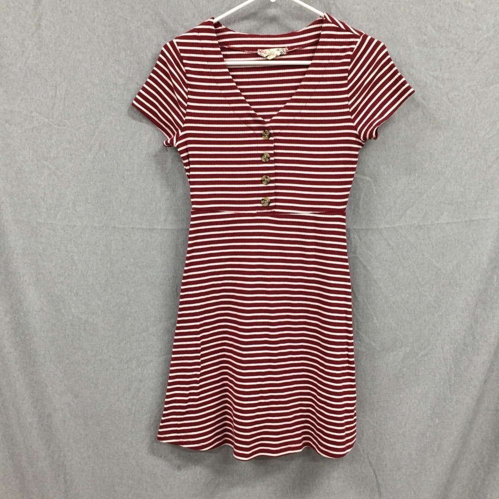 Pink Rose Vintage‎ Burgundy White Striped Ribbed Knit Button V-Neck Mini Dress M